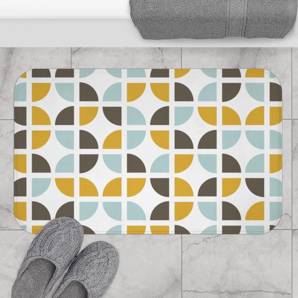 Geometric Retro Mid Century Blue & Brown Bath Mat | lovevisionkarma.com