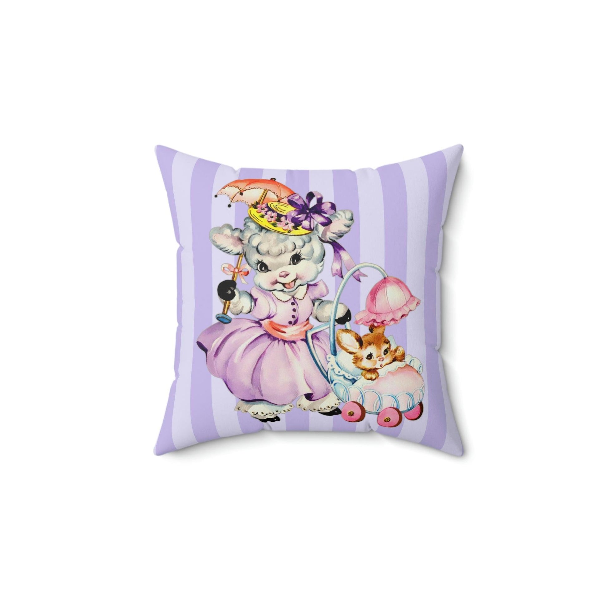 Easter Retro Vintage Kitsch Lamb & Bunny Lilac Stripe Throw Pillow | lovevisionkarma.com