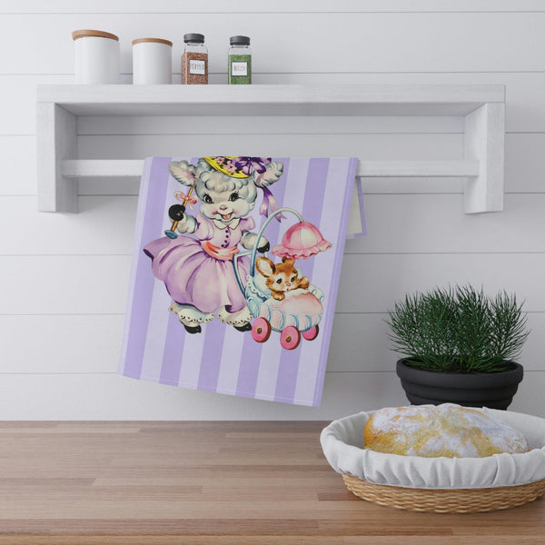 Vintage Easter Lamb and Bunny Kitschy Cute Lilac Kitchen Tea Towel | lovevisionkarma.com