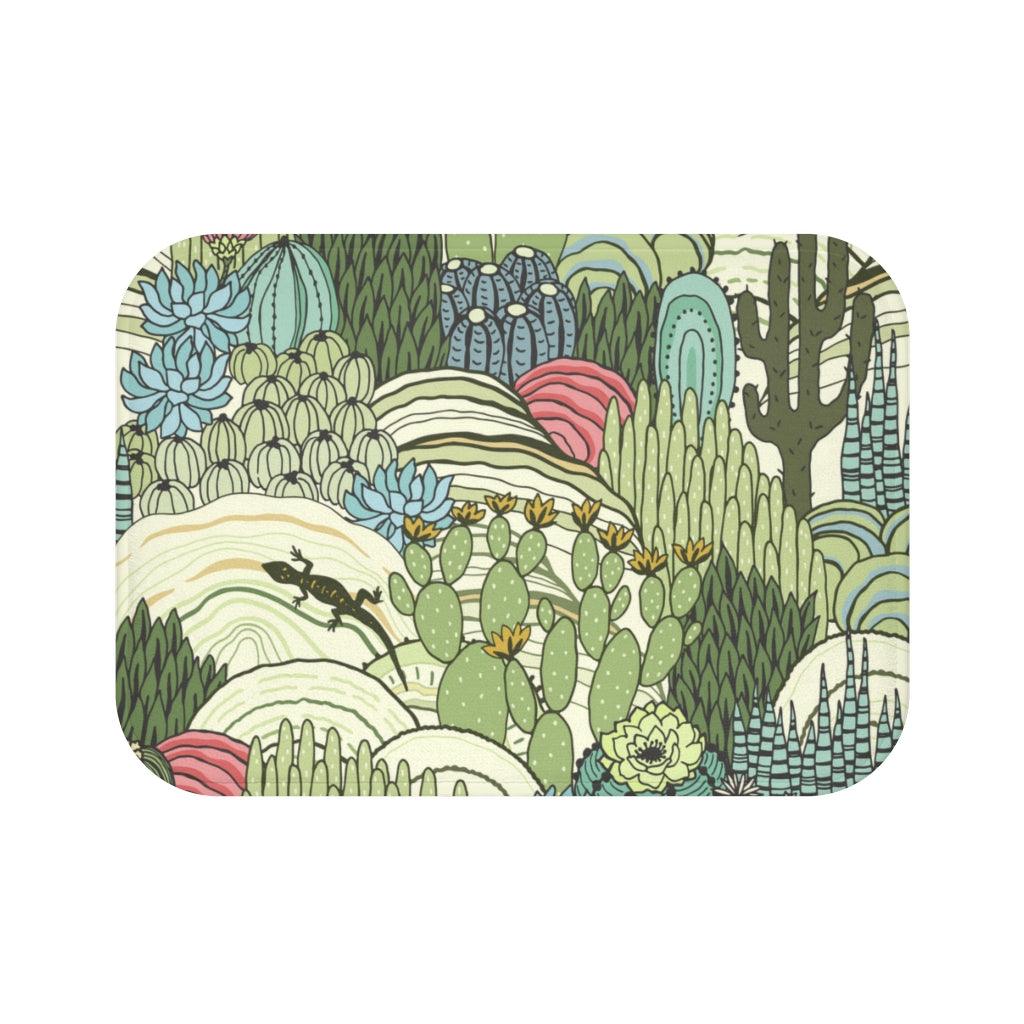 Lizard, Cacti & Succulents Retro Green Bath Mat | lovevisionkarma.com