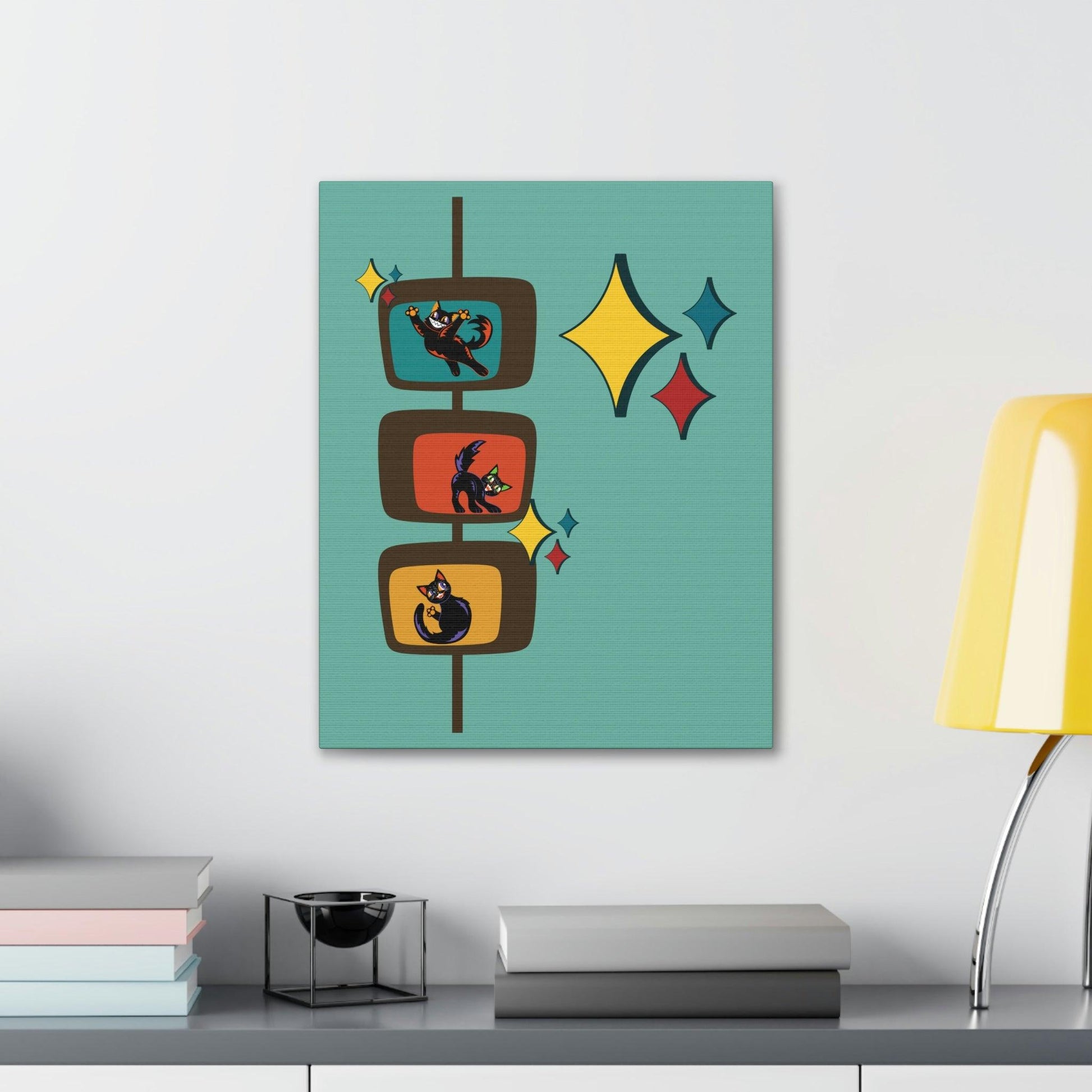 Kitschy Atomic Cats and Bursts Retro Mid Century Blue Canvas Gallery Wrap | lovevisionkarma.com