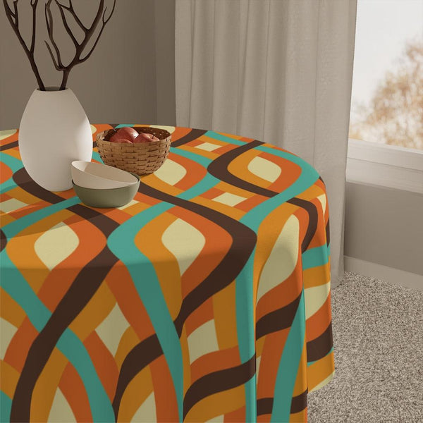Retro Geometric Waves Mid Century Mod Brown and Orange Tablecloth | lovevisionkarma.com