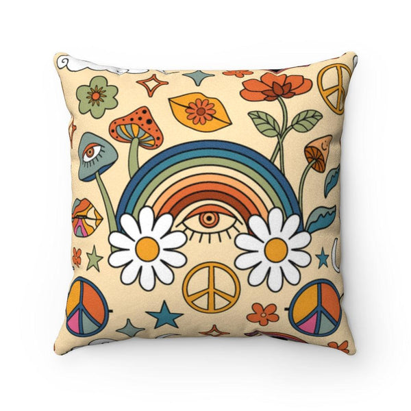 Boho Flowers, Trippy Mushroom Hippie Cottagecore Multicolor Pillow | lovevisionkarma.com
