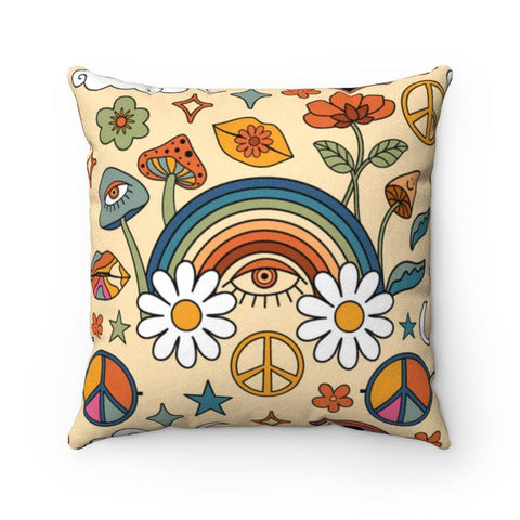 Boho Flowers, Trippy Mushroom Hippie Cottagecore Multicolor Pillow | lovevisionkarma.com
