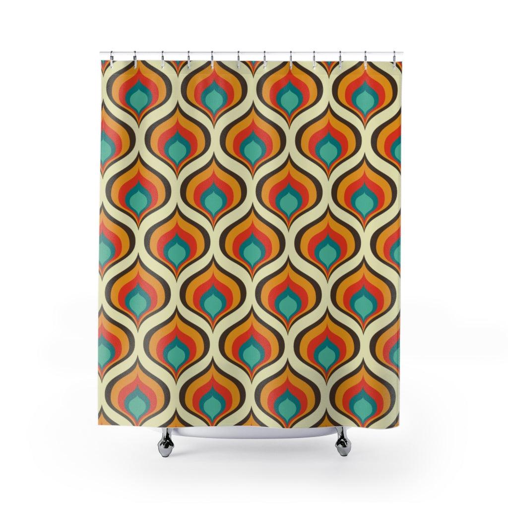 Retro 60s 70s Mid Century Geo Onion Blue & Orange Shower Curtain | lovevisionkarma.com