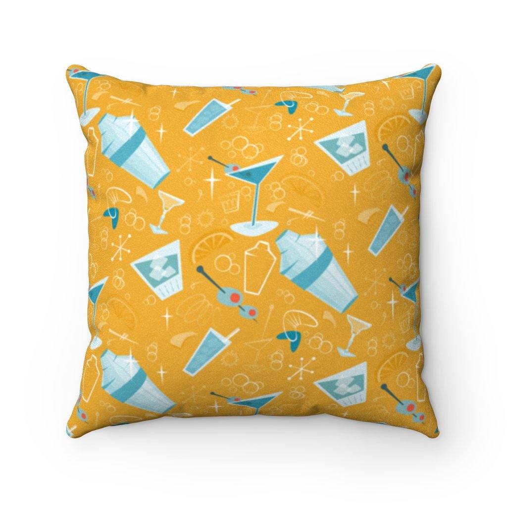 Mid Century Atomic Cocktails Yellow & Blue Throw Pillow | lovevisionkarma.com