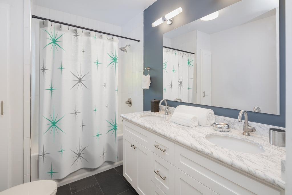 Starbursts 50s, 60s Mid Century Modern Teal & Grey Shower Curtain | lovevisionkarma.com