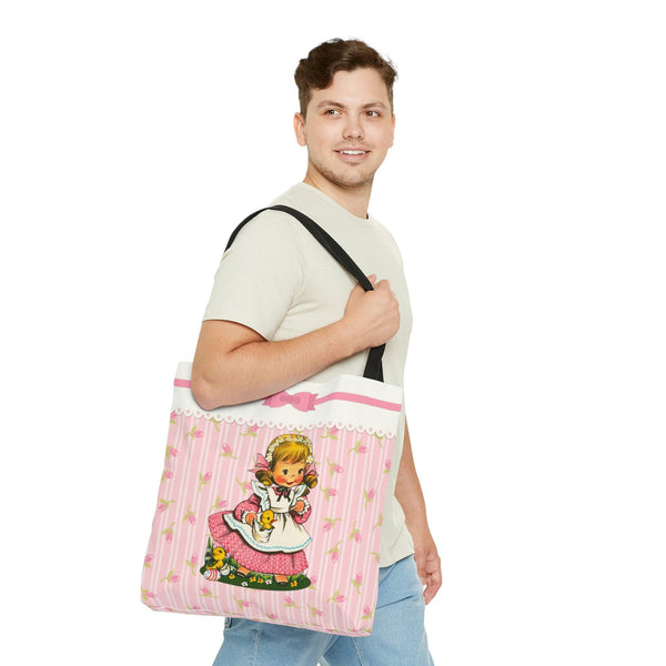 Vintage Kitsch Girl with Chicks MCM Easter Pink Tote Bag | lovevisionkarma.com