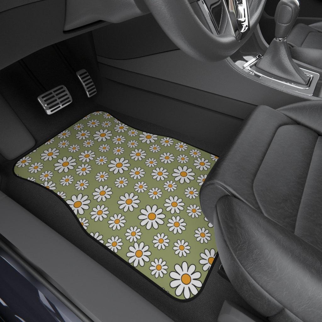 Retro Boho Daisy Sage Green MCM Car Mats (Set of 4) | lovevisionkarma.com