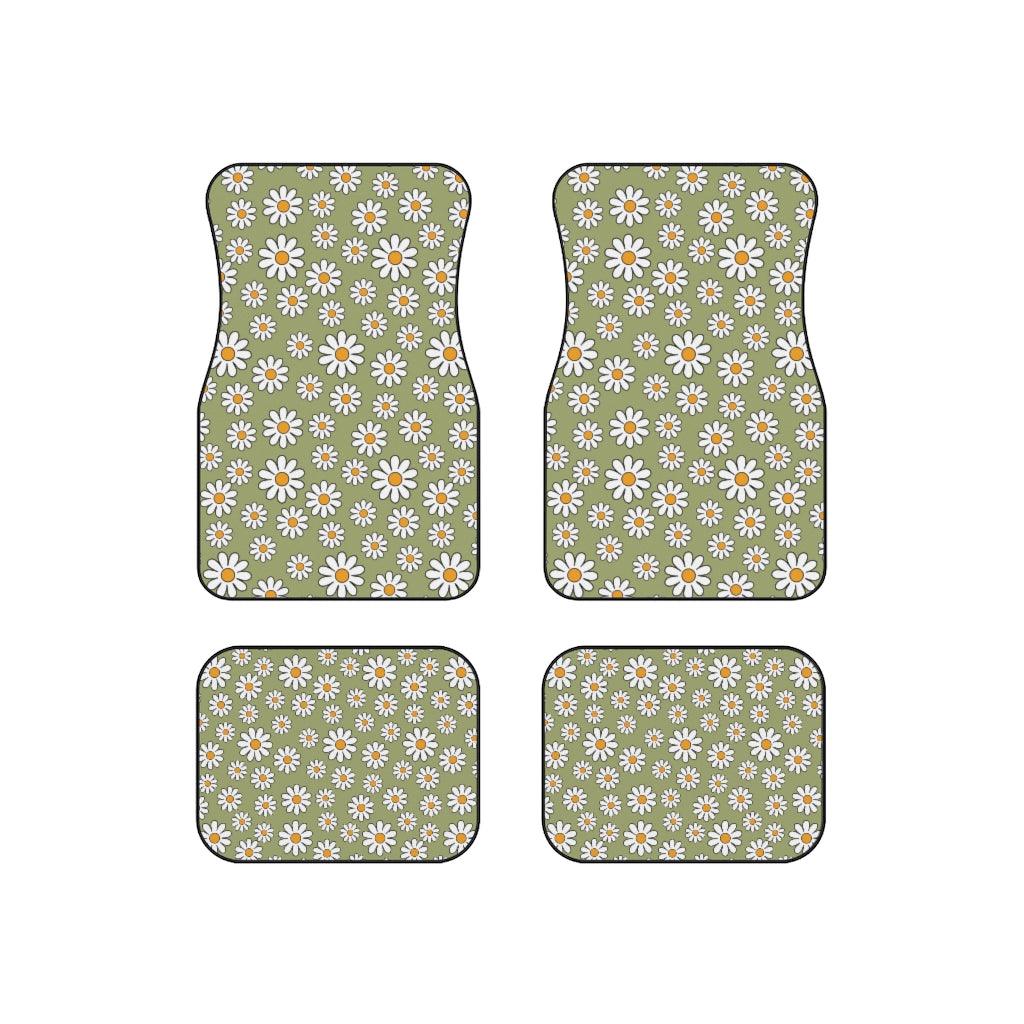 Retro Boho Daisy Sage Green MCM Car Mats (Set of 4) | lovevisionkarma.com