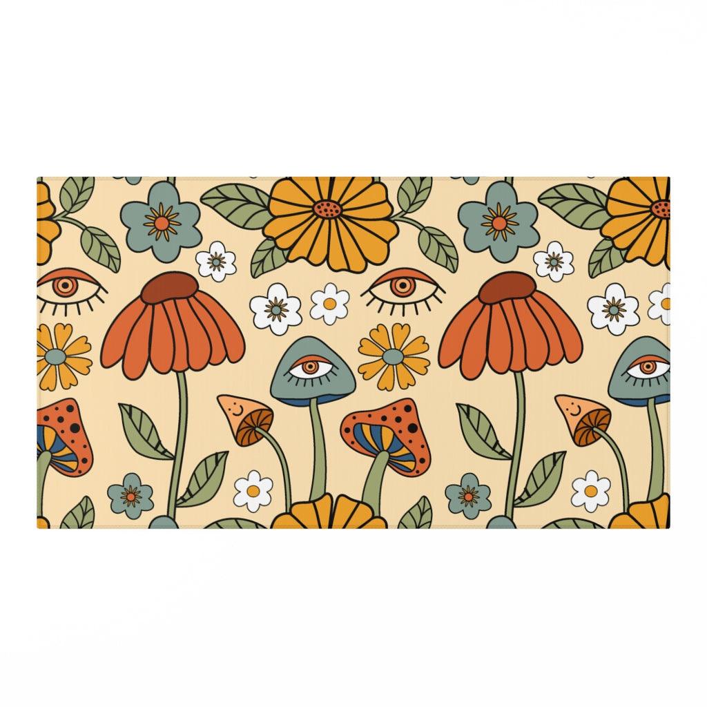 Retro Boho Cottagecore Flowers & Trippy Mushrooms Multicolor MCM Accent Rug | lovevisionkarma.com