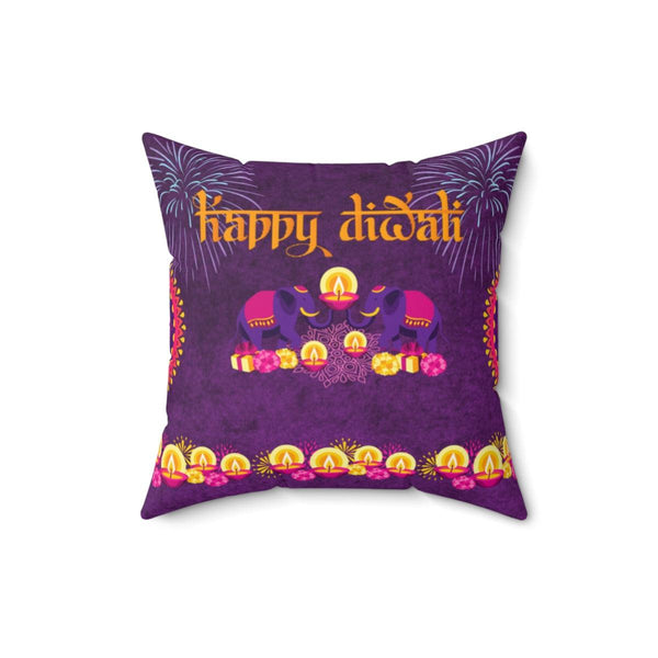 Happy Diwali Home Decor with Diyas & Elephants Purple Throw Pillow | lovevisionkarma.com