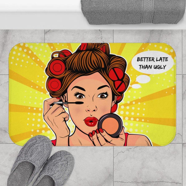 "Better Late" Comic Pop Art Funny Bath Mat | lovevisionkarma.com