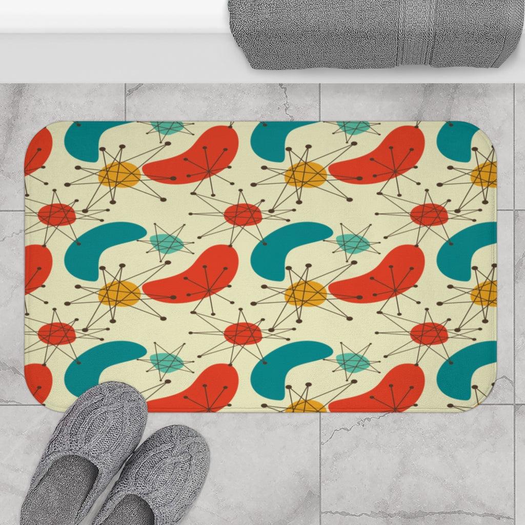 Retro Atomic Boomerang 50s 60s Mid Century Modern Blue & Orange Bath Mat | lovevisionkarma.com