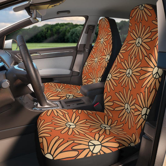 Groovy Boho Peace Sign Daisy Orange & Yellow Car Seat Covers | lovevisionkarma.com