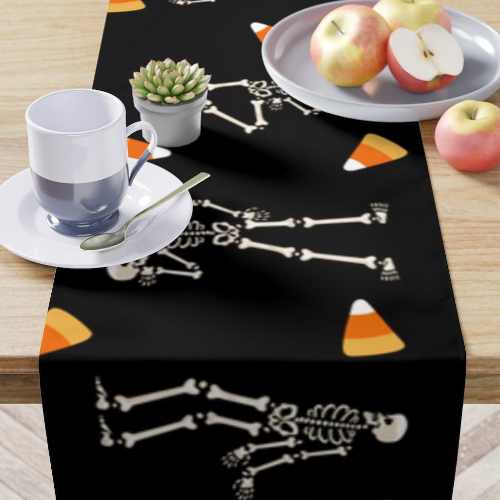 Dancing Skeletons & Candy Corn Halloween Black Table Runner | lovevisionkarma.com