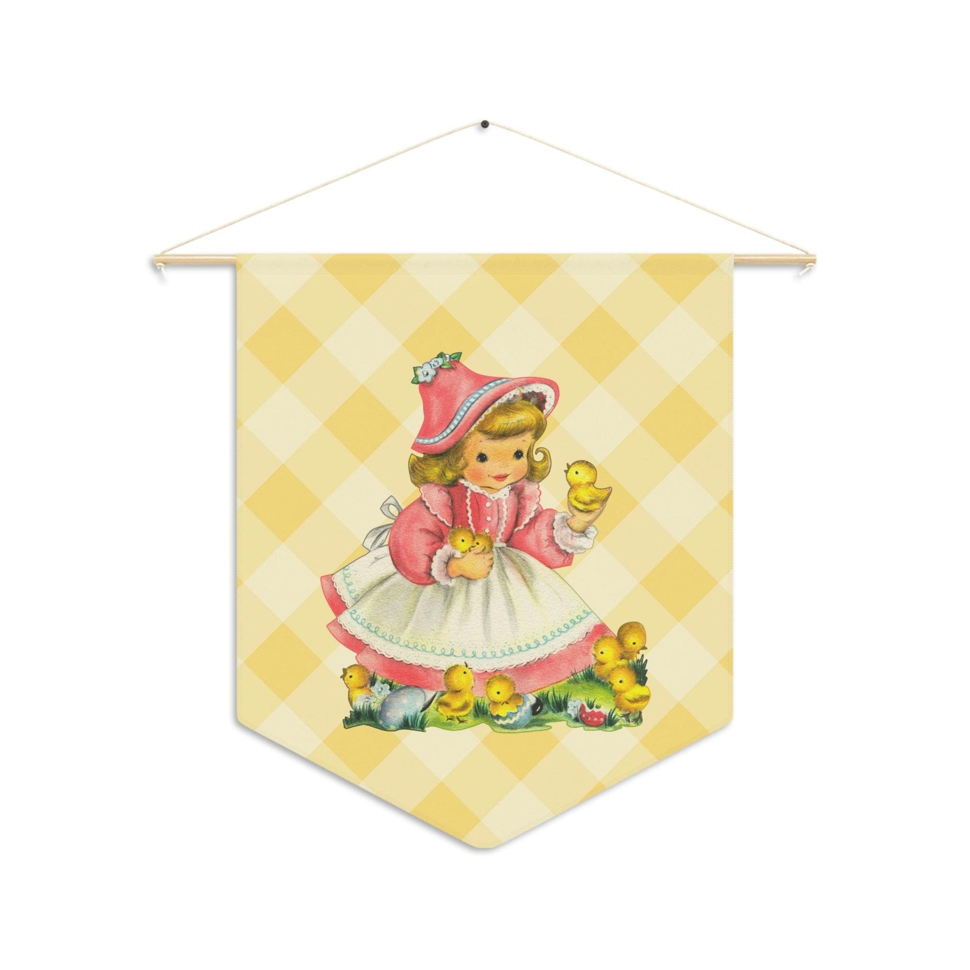 Vintage Easter Retro Girl with Chicks MCM Yellow Wall Pennant | lovevisionkarma.com