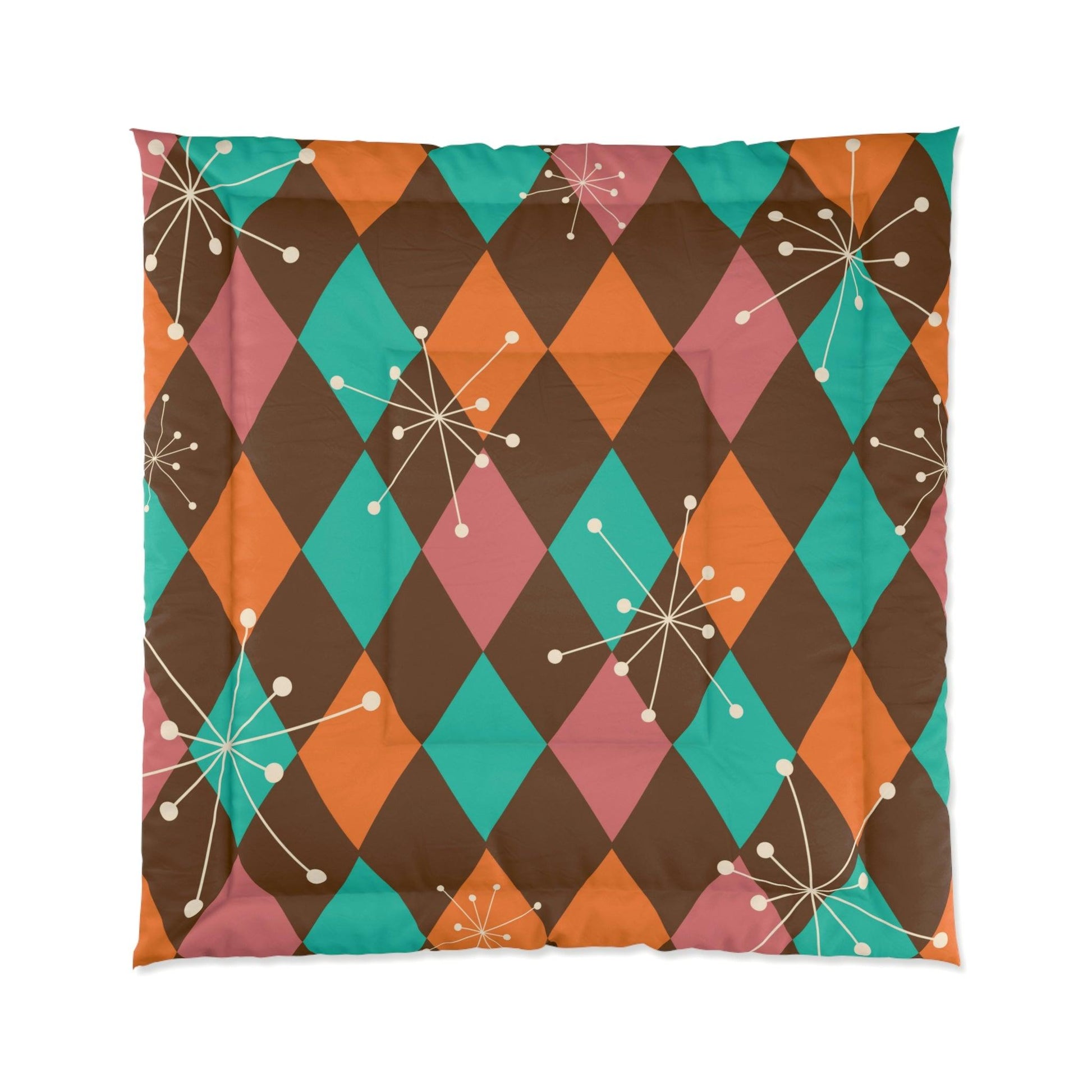 Retro Atomic Starburst Diamonds Mid Century Pink, Orange, Brown Comforter | lovevisionkarma.com