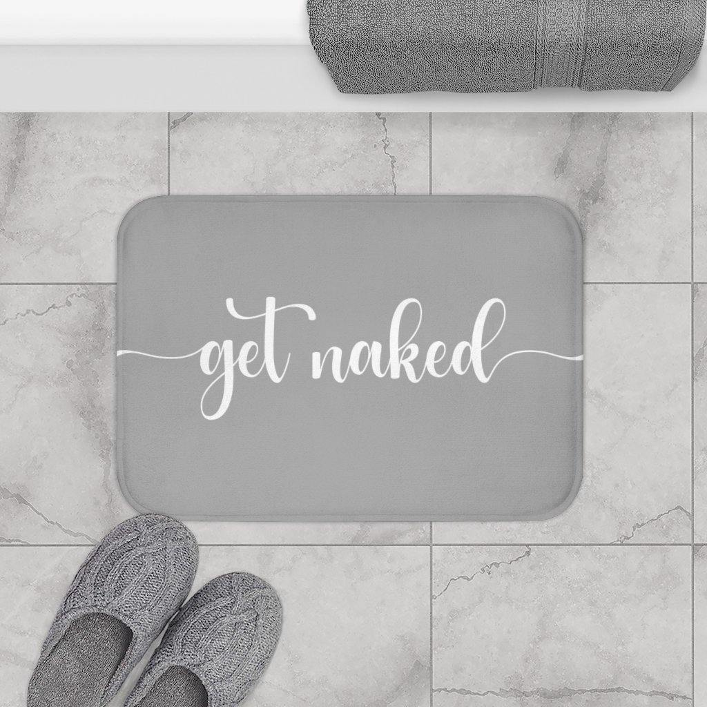 "Get Naked" Dark Grey Funny Modern Minimalist Bath Mat | lovevisionkarma.com