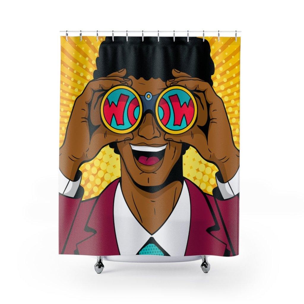 "Wow" Binoculars Man Comic Pop Art Funny Shower Curtain | lovevisionkarma.com