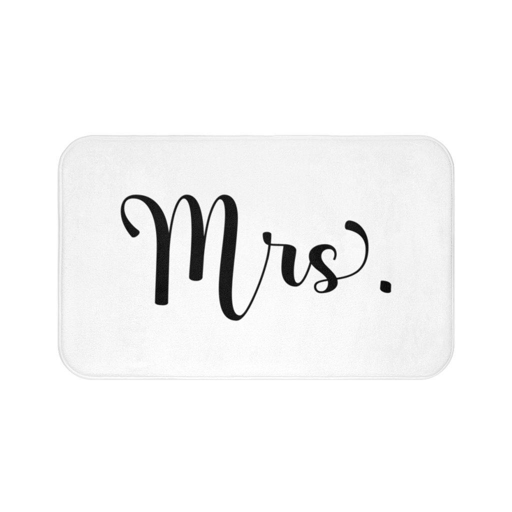 "Mrs." White Modern Minimalist Bath Mat | lovevisionkarma.com