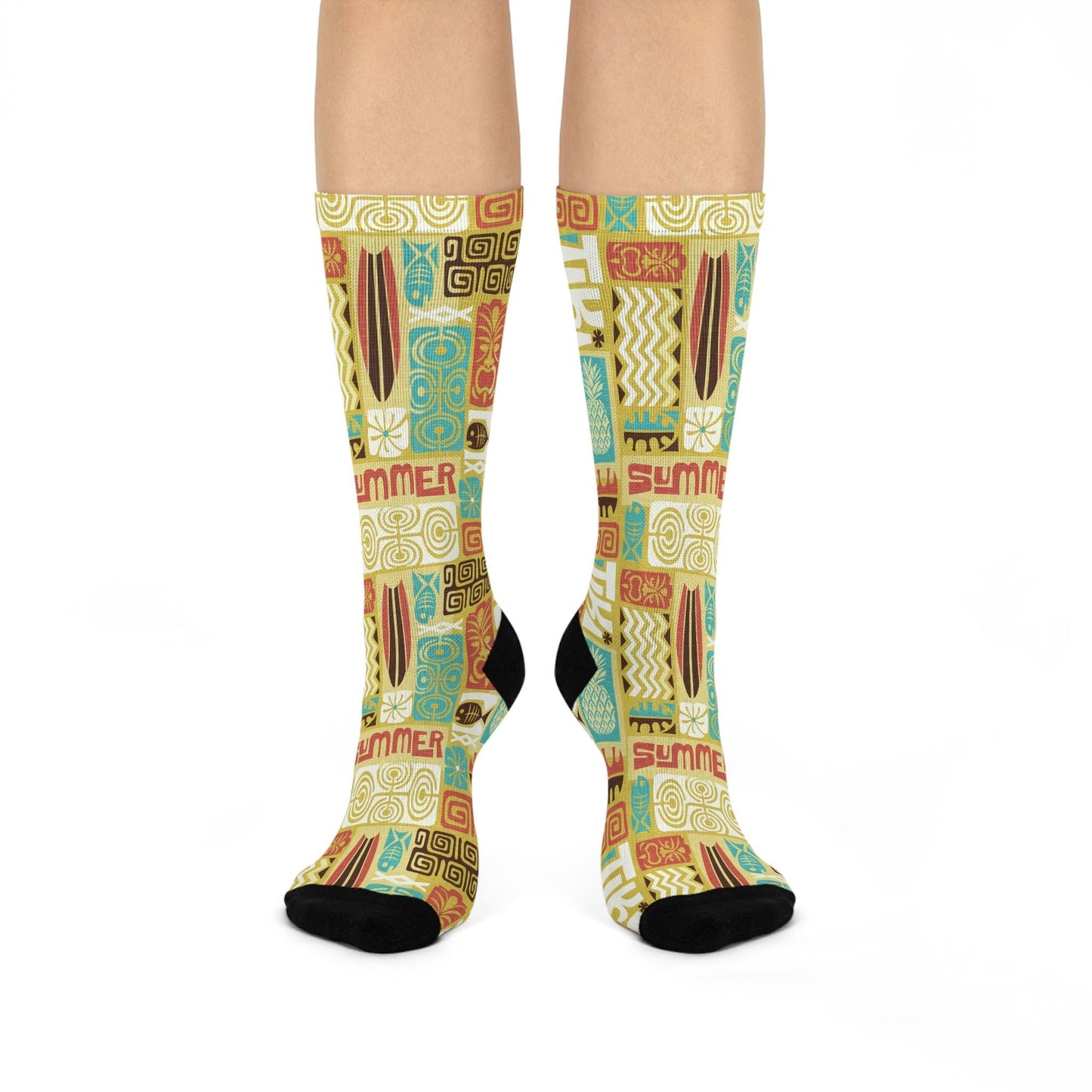 Retro 60s Tiki MCM Chartreuse Green & Brown Cushioned Crew Socks | lovevisionkarma.com