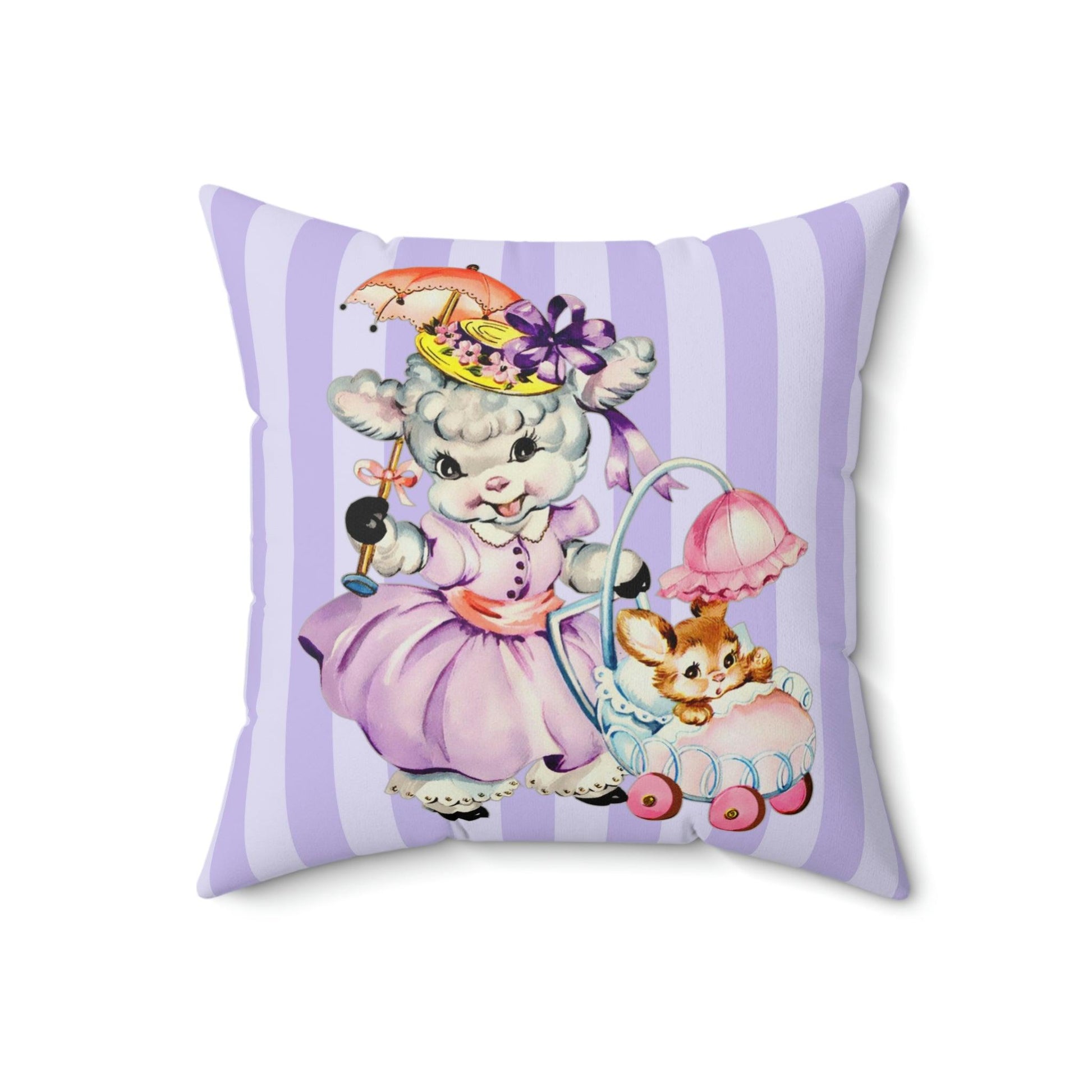 Easter Retro Vintage Kitsch Lamb & Bunny Lilac Stripe Throw Pillow | lovevisionkarma.com