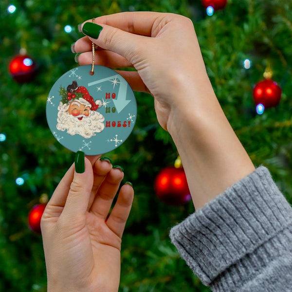 Funny Vintage Santa "Ho Ho Hoes!" Blue Christmas Ceramic Ornament | lovevisionkarma.com