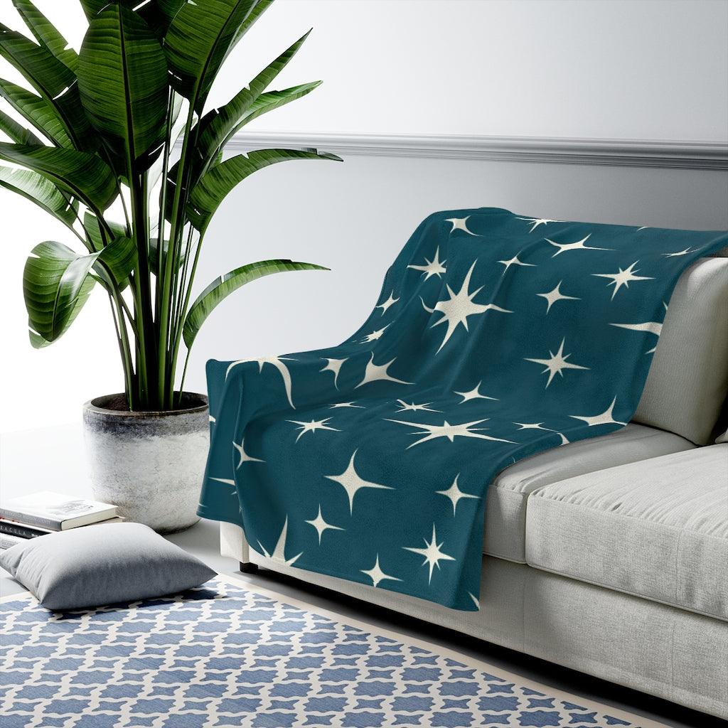 Atomic Mid Century Starburst Dark Blue Velveteen Lightweight Blanket | lovevisionkarma.com