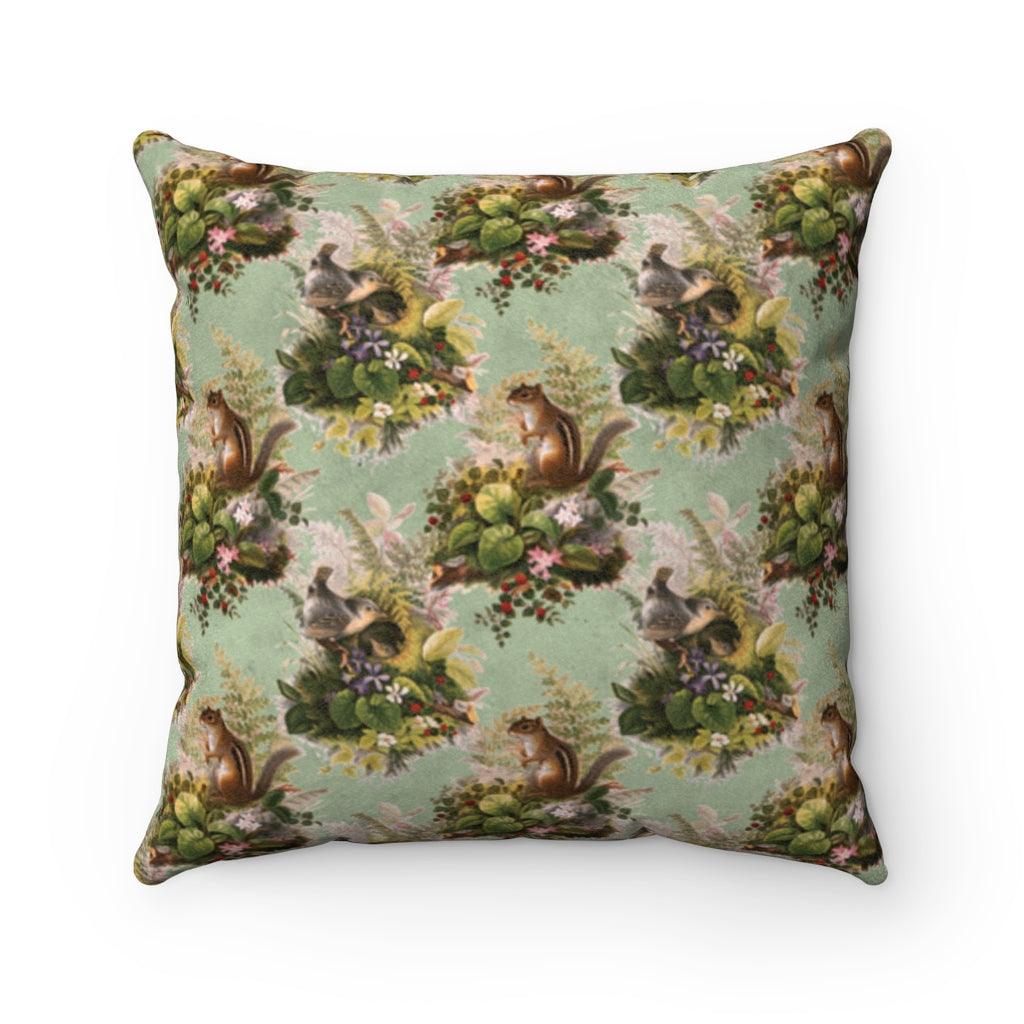 Cottagecore Woodland Chipmunk and Bird Retro Multicolor Pillow | lovevisionkarma.com