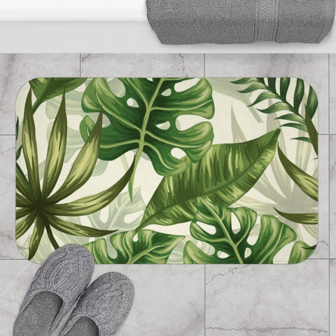 Vintage Monstera & Palm Leaf Tropical Bath Mat | lovevisionkarma.com