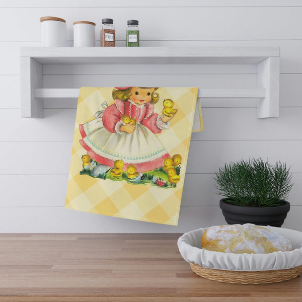 Vintage Easter Retro Girl With Baby Chicks MCM Yellow Kitchen Tea Towel | lovevisionkarma.com