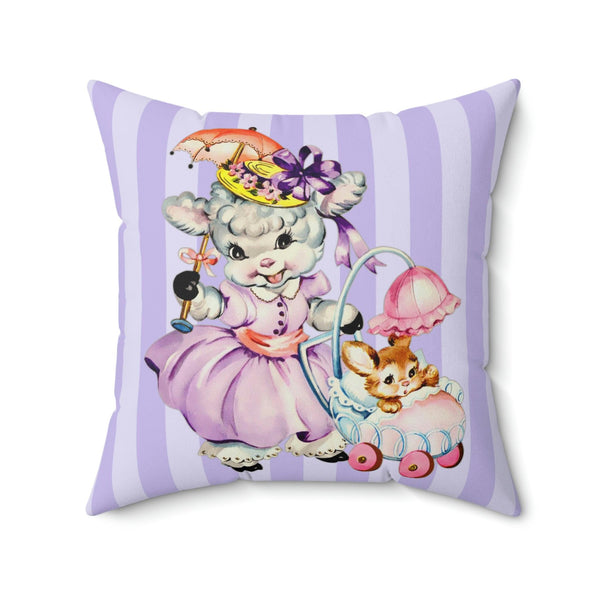Easter Retro Vintage Kitsch Lamb & Bunny Lilac Stripe Throw Pillow | lovevisionkarma.com