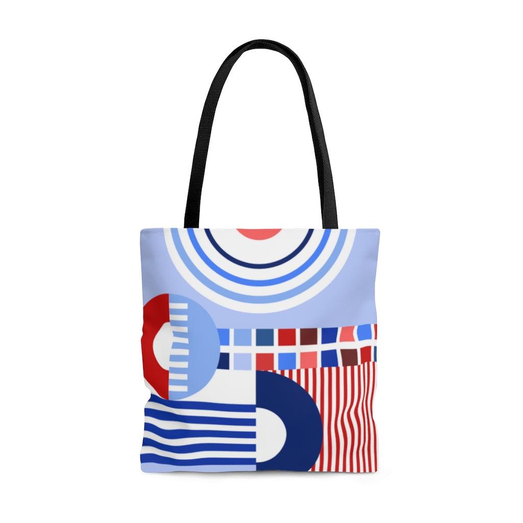 Retro Bauhaus Abstract Geometric Blue, Red and White Tote Bag | lovevisionkarma.com