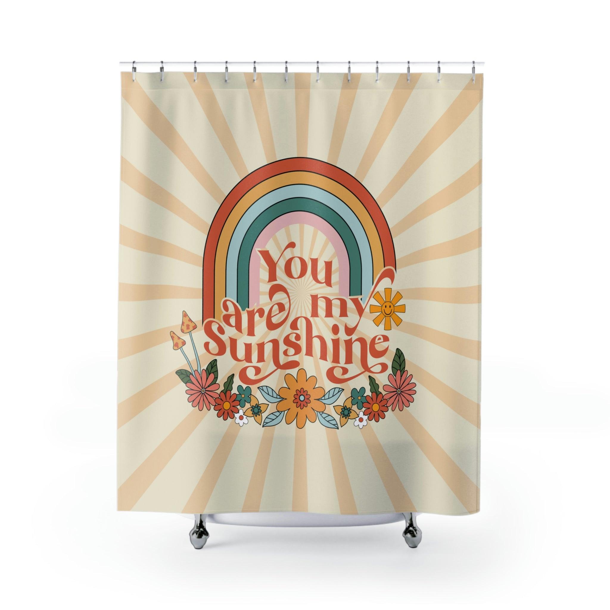 Groovy Retro "You are My Sunshine" Rainbow & Floral Boho MCM Shower Curtain | lovevisionkarma.com