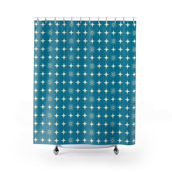 Retro Atomic Starburst Blue Mid Century Modern Shower Curtain | lovevisionkarma.com