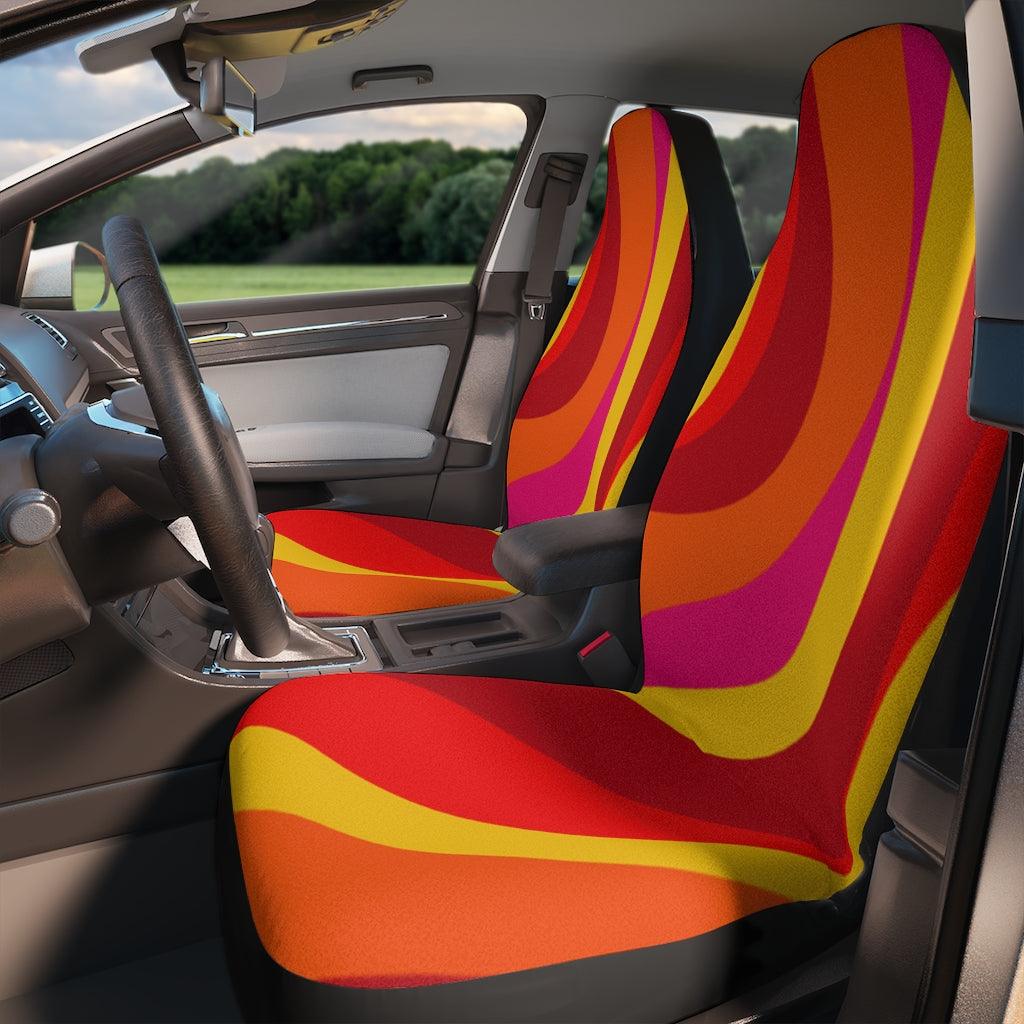 Groovy 60's Retro Hippie Swirl Orange, Red & Yellow MCM Car Seat Covers | lovevisionkarma.com