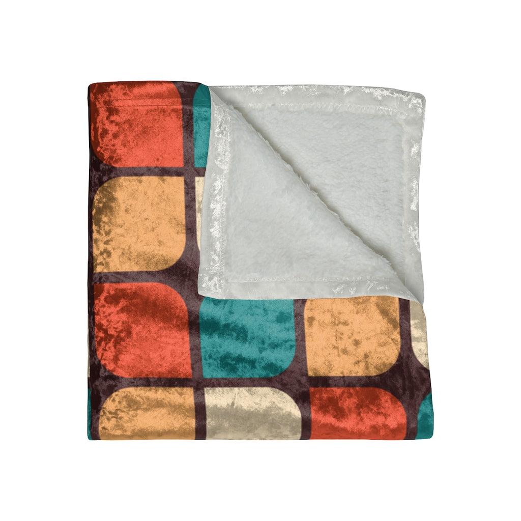 Retro 60s 70s Mid Century Geometric Orange, Brown & Teal Crushed Velvet Blanket | lovevisionkarma.com