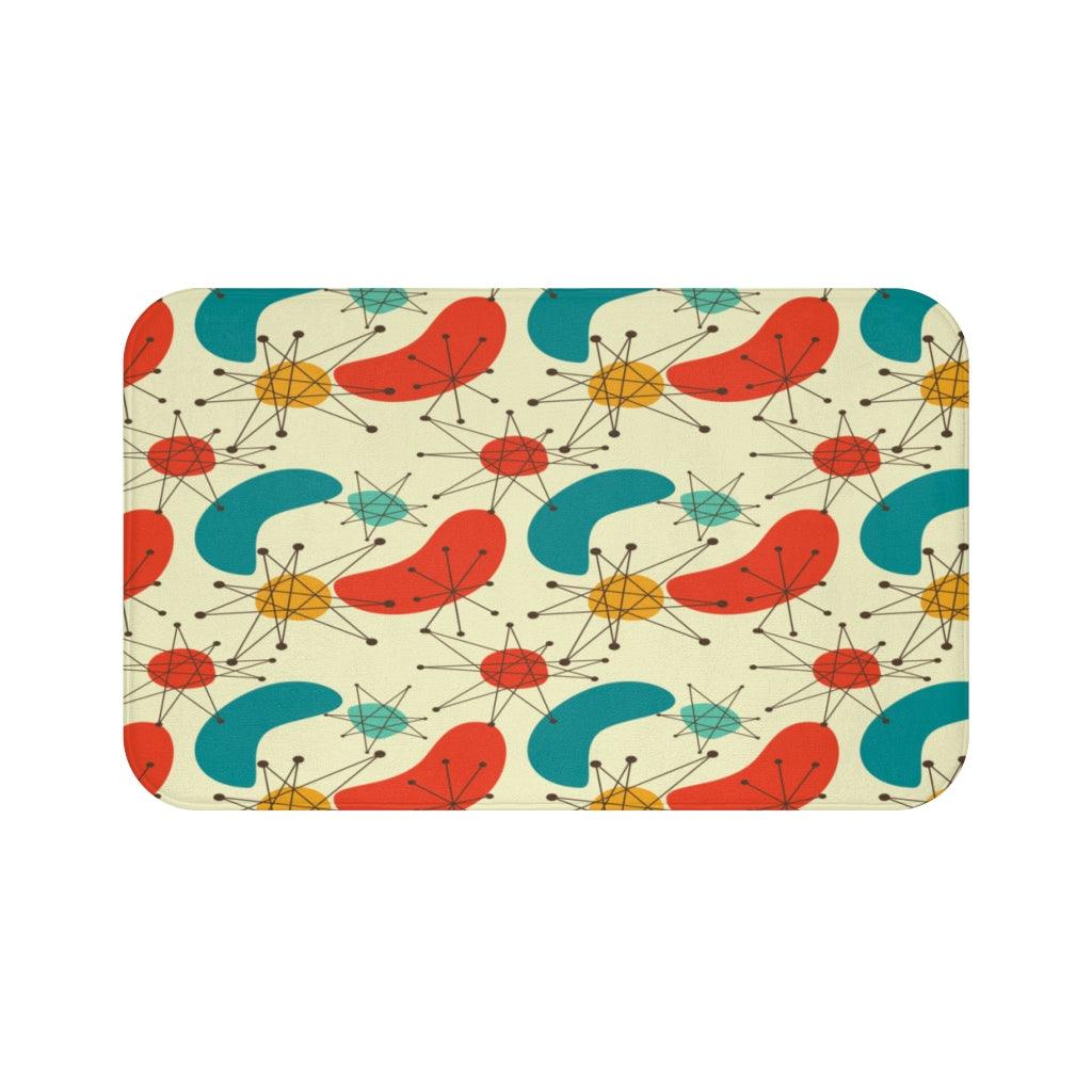 Retro Atomic Boomerang 50s 60s Mid Century Modern Blue & Orange Bath Mat | lovevisionkarma.com