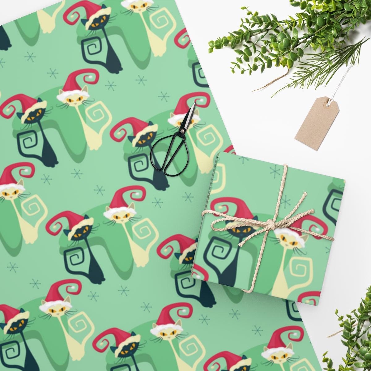 Retro Mid Century Modern Cat Green Gift Wrapping Paper | lovevisionkarma.com