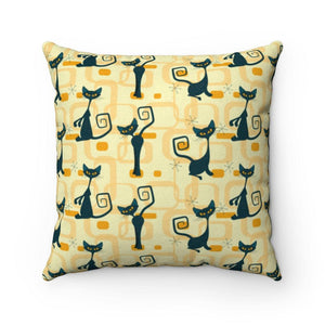 Mischievous Atomic MCM Cats Yellow Throw Pillow | lovevisionkarma.com