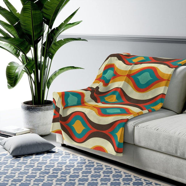 Retro 60's Geometric Waves Brown, Orange & Blue Velveteen Lightweight Blanket | lovevisionkarma.com
