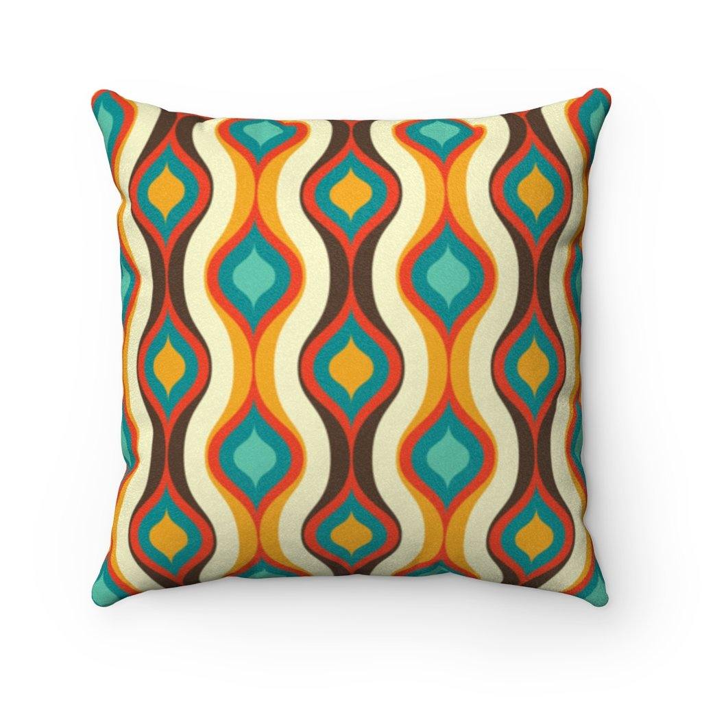 Retro 60s Geometric Waves Brown, Orange & Blue Mid Century Modern Pillow | lovevisionkarma.com