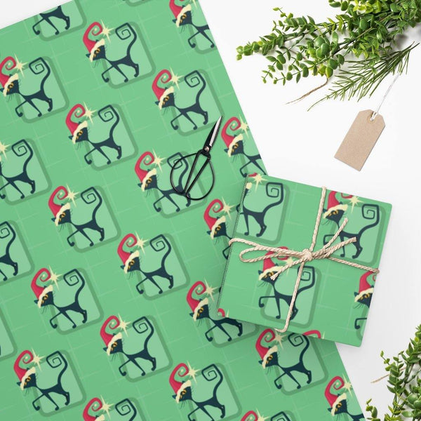Christmas Atomic Cat Green Mid Century Gift Wrapping Paper | lovevisionkarma.com