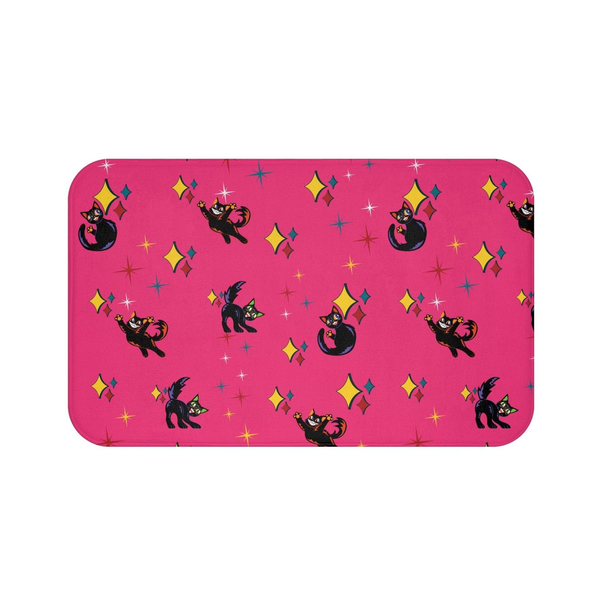 Retro Atomic Kitsch Cats Mid Century Mod Pink Bath Mat | lovevisionkarma.com