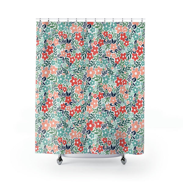 Minimalist Retro Floral Vintage Inspired Coral and Teal MCM Shower Curtain | lovevisionkarma.com