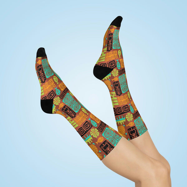 Tiki 60's Retro Mid Century Brown, Orange & Blue Cushioned Crew Unisex Socks | lovevisionkarma.com