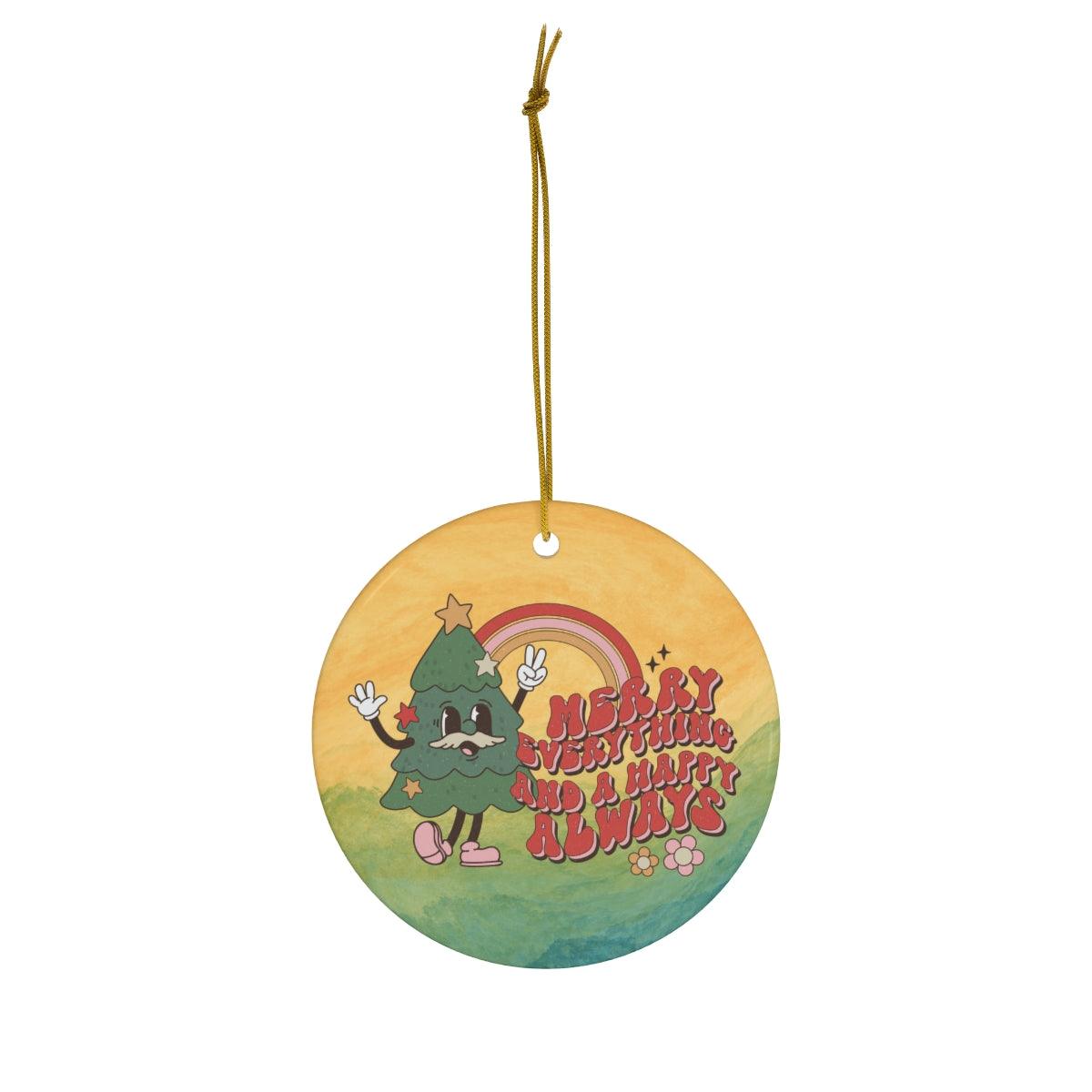 Groovy Retro Aesthetic, Colorful Cheery Hippie Christmas Ceramic Ornament | lovevisionkarma.com