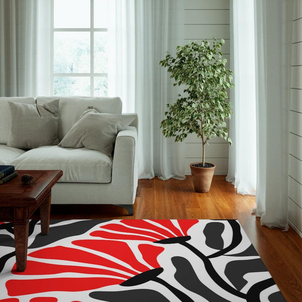 Groovy Abstract Flowers Retro MCM Red, Black and White Anti-Slip Rug | lovevisionkarma.com