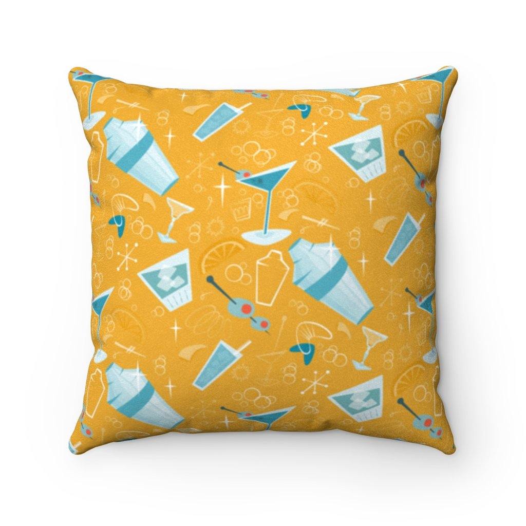 Mid Century Atomic Cocktails Yellow & Blue Throw Pillow | lovevisionkarma.com